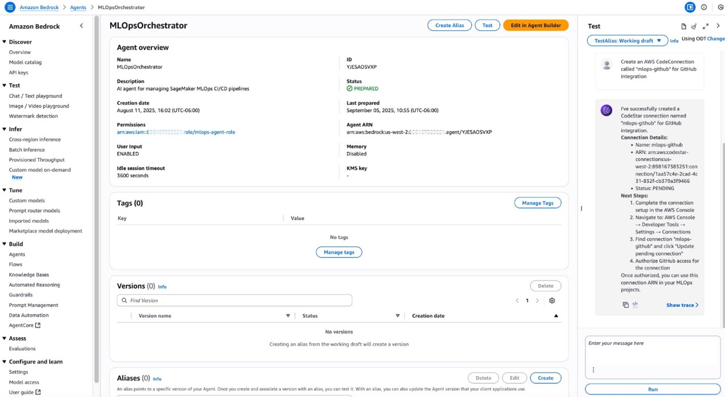 The Amazon Bedrock interface showing the MLOpsOrchestrator agent configuration page. It details the agent's status (PREPARED), relevant dates, and shows a test conversation about creating a GitHub integration connection that's in PENDING status with setup instructions. The interface includes navigation elements for managing, testing, and editing the agent.