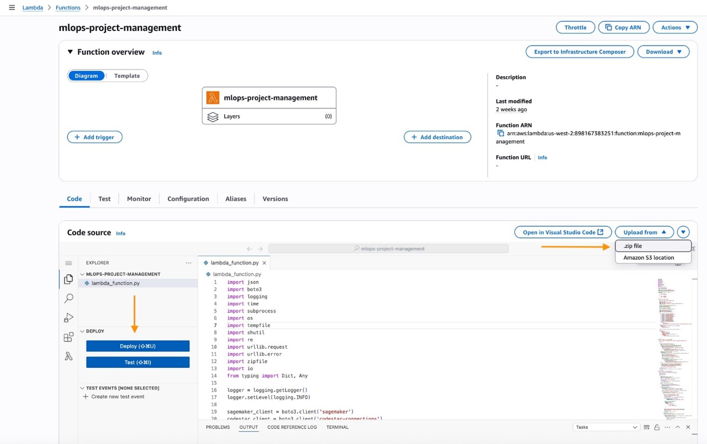 The AWS Lambda function management interface showing the 'mlops-project-management' function. The interface displays a function overview section at the top with buttons for Throttle, Copy ARN, Export to Infrastructure Composer, and Download. Below are navigation tabs with 'Code' currently selected. The main area shows a code editor containing Python code with multiple import statements including boto3, logging, json, and others. On the left side is a file explorer showing lambda_function.py under the MLOPS-PROJECT-MANAGEMENT directory. At the bottom of the interface are Deploy and Test buttons with their respective available actions indicated. The interface provides a comprehensive view of how Lambda functions are managed in the AWS Management Console.