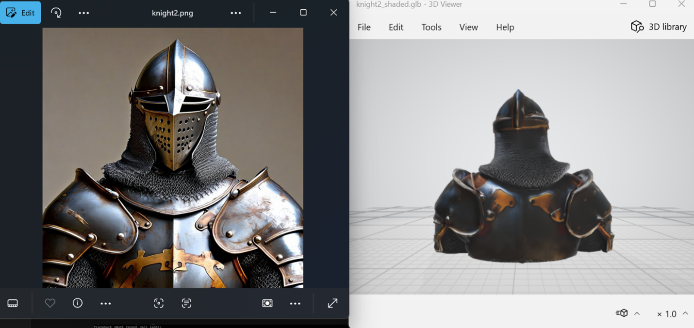 A comparison between the original 2D image of the front top one-third of the knight (depicted on the left) and a back view of the textured 3D model of the knight on the right.