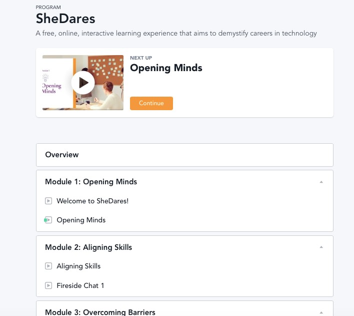 Screenshot of the SheDares learning modules