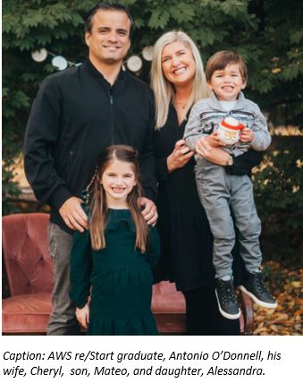 AWS re/Start graduate, Antonio O'Donnell, his wife, Cheryle, son, Mateo, and daughter, Alessandra.