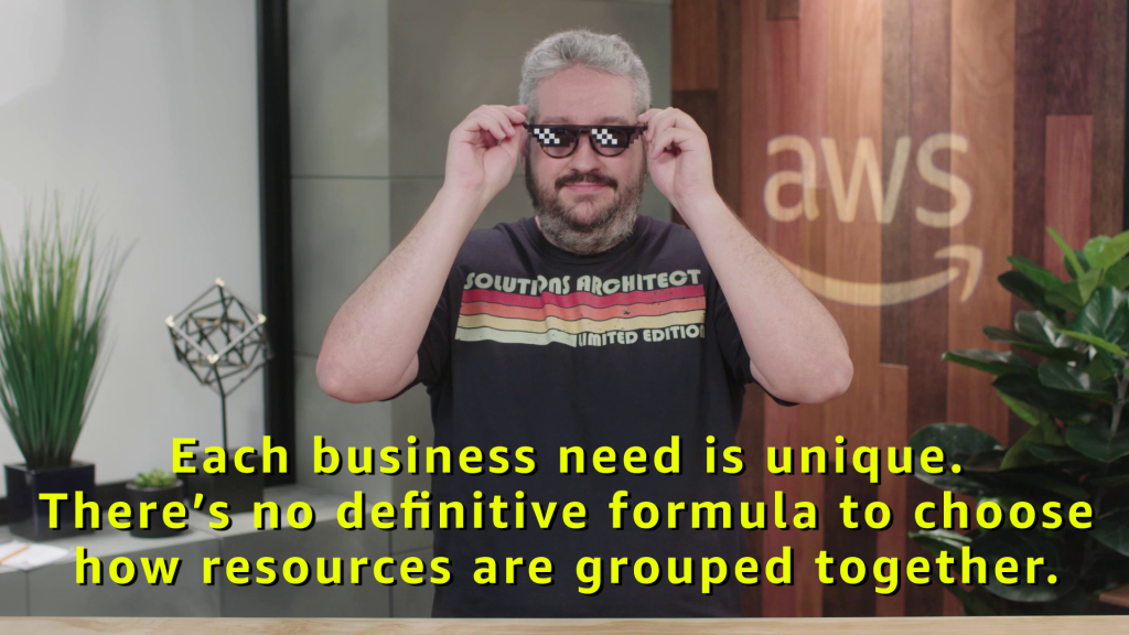 Raf teaching in a studio, wearing funny pixelated sunglasses, with a caption on the image that says, “Each business need is unique. There’s no definitive formula to choose how resources are grouped together”.