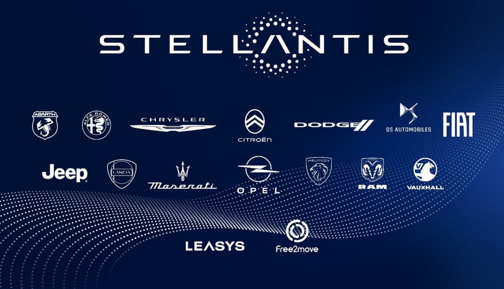 image of the brand logos within the Stellantis parent company including Chrysler, Dodge, Fiat, Jeep, and more.