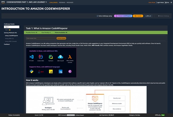 A screenshot of the first challenge of the Building Using Amazon CodeWhisperer AWS Jam Journey