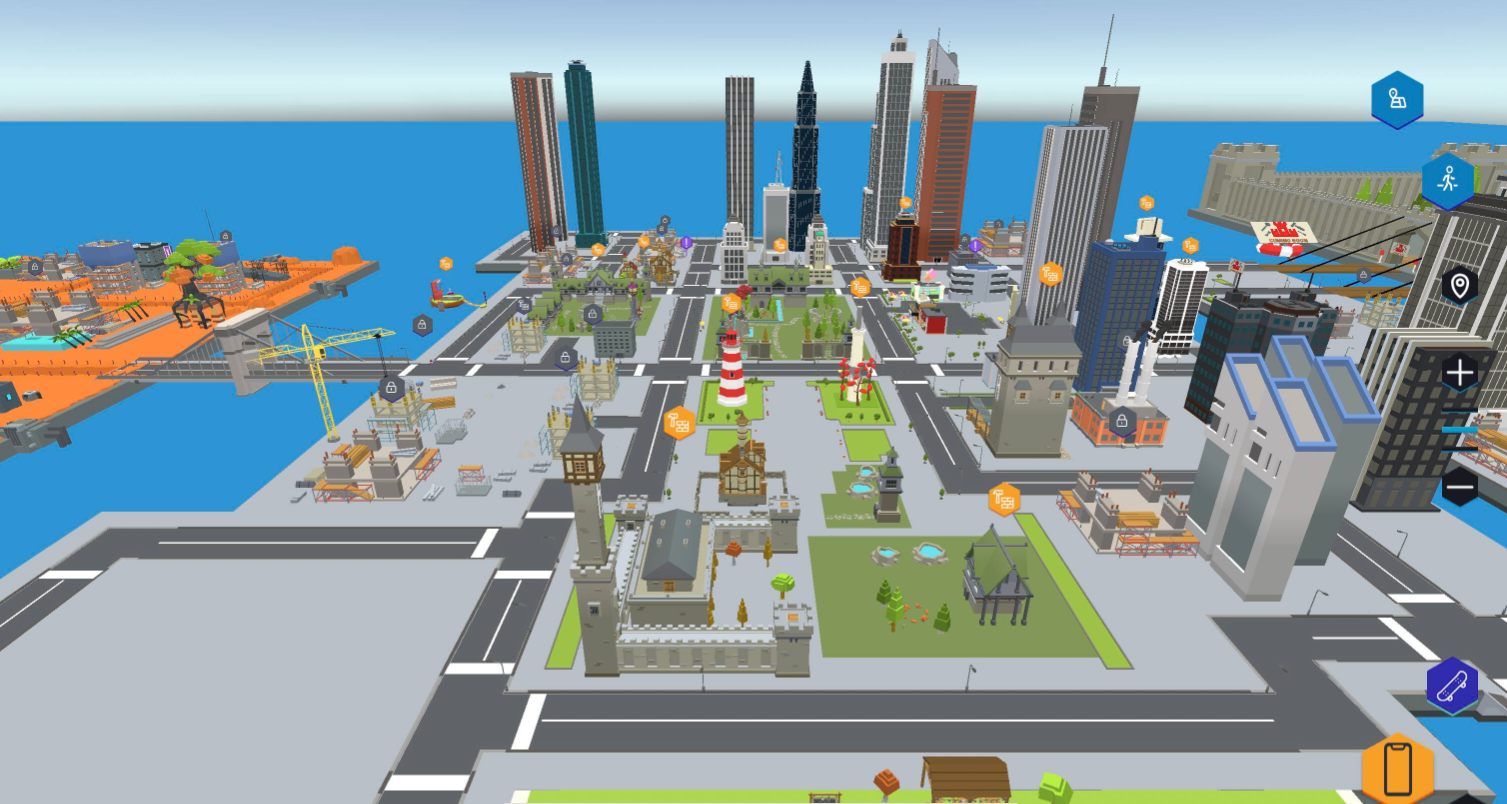 a screenshot of the virtual 3D world of AWS Clout quest, showcasing a downtown city scape with high rise buildings, construction cranes, a seaport, and more.