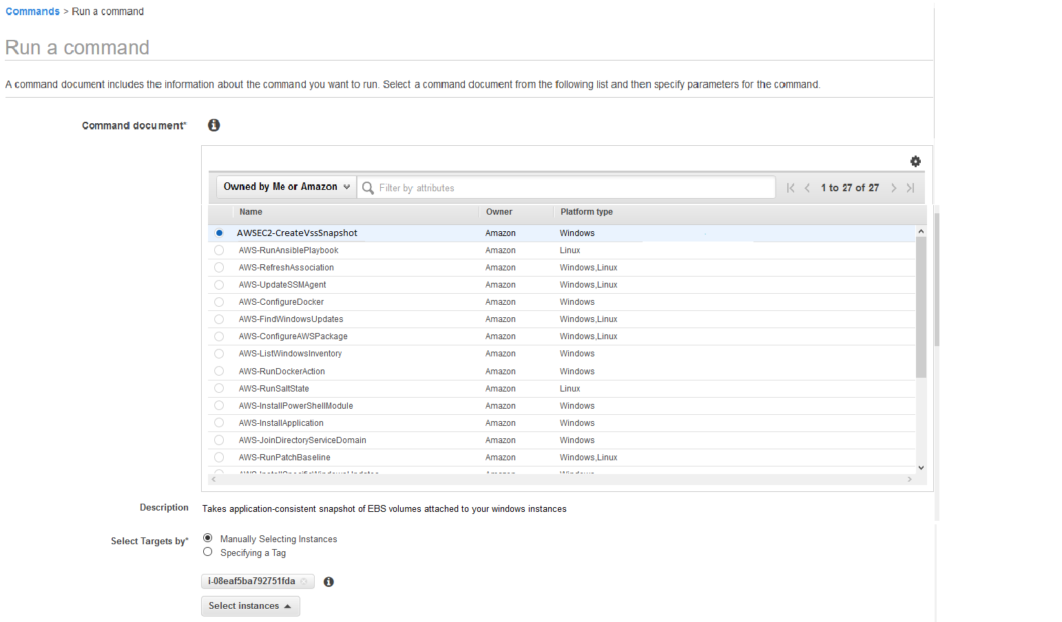 AWSEC2-CreateVssSnapshot Run Command