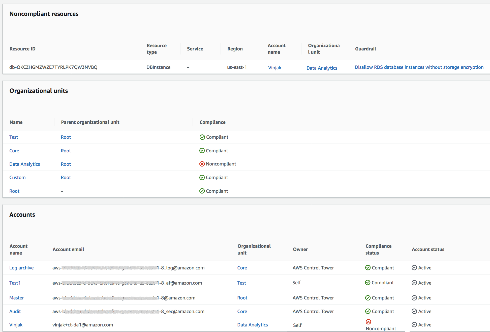 AWS Control Tower ダッシュボードの非準拠データベースリソースの例