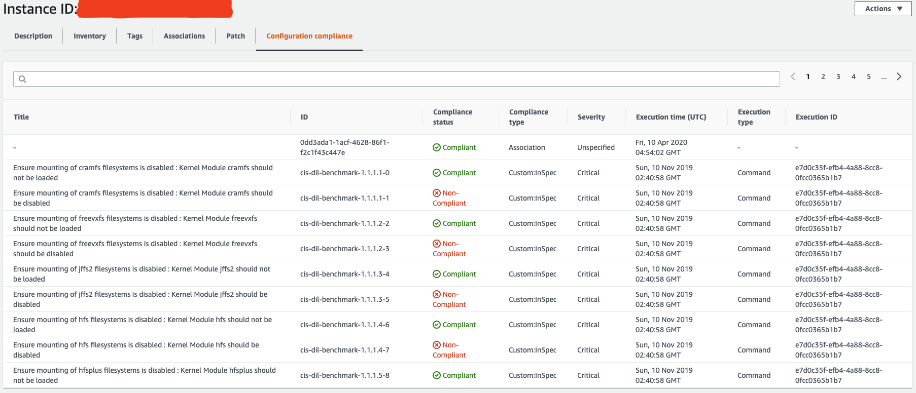 Systems Manager console showing the CIS comp-liance sttus of the EC2 instance.