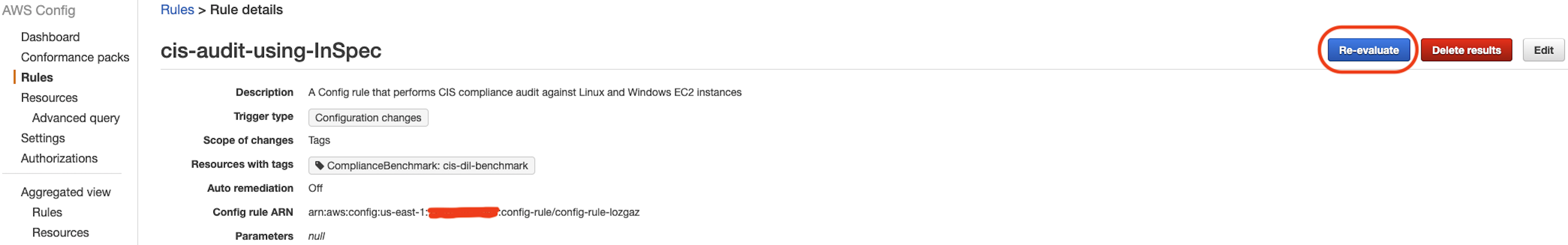 AWS Config console showing the custom rule named cis-audit-using-InSpec