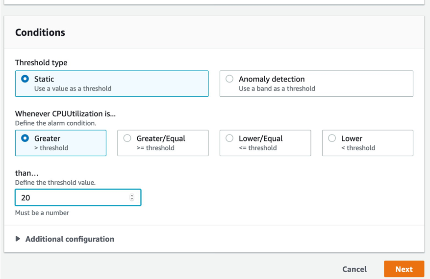 The conditions that will trigger the alarm. Options include static values of metric, automatic anomaly detection and threshold values.