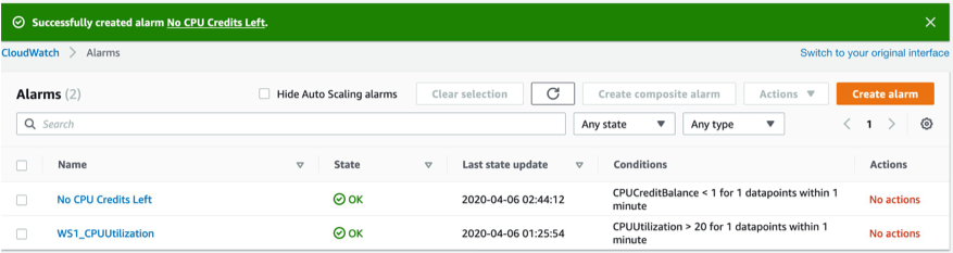 List of Alarms showing both metric alarms for the T2.small instance.