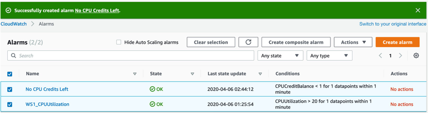 The option to create composite alarm becomes active when two or more alarms are selected.