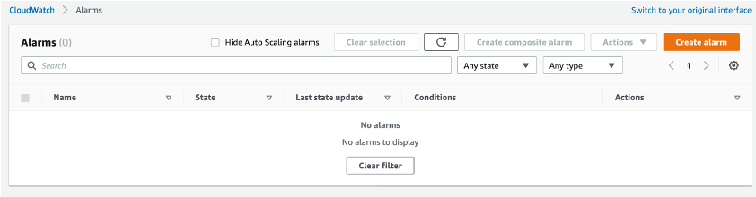 Alarms overview in the CloudWatch console showing a detailed list of current alarms and the option to create a new alarm.