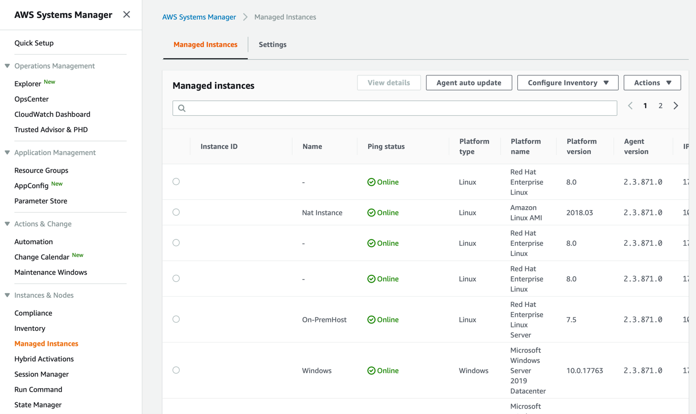 AWS Systems Manager console showing Managed Instances panel under Instances & Nodes. Managed instances includes on-premises hosts and EC2 instances.