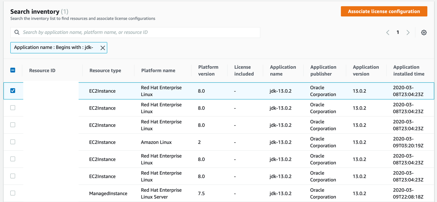 Screenshot showing inventory search results for the search string "jdk-". This returns a list of EC2 hosts and managed instances where AWS Systems Manager has a software inventory record with the search string present.