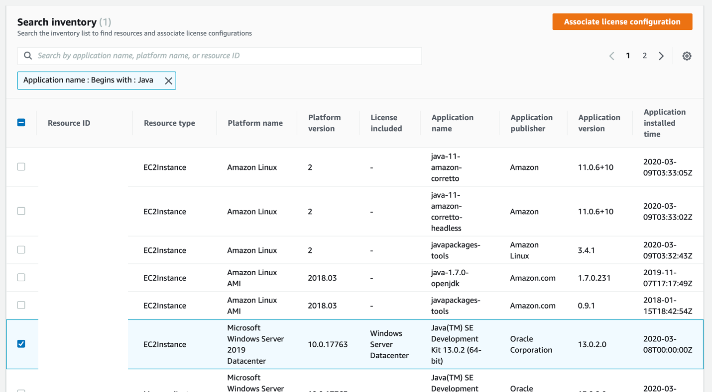 Screenshot showing inventory search results for the search string "Java". This returns a list of EC2 hosts and managed instances where AWS Systems Manager has a software inventory record with the search string present.