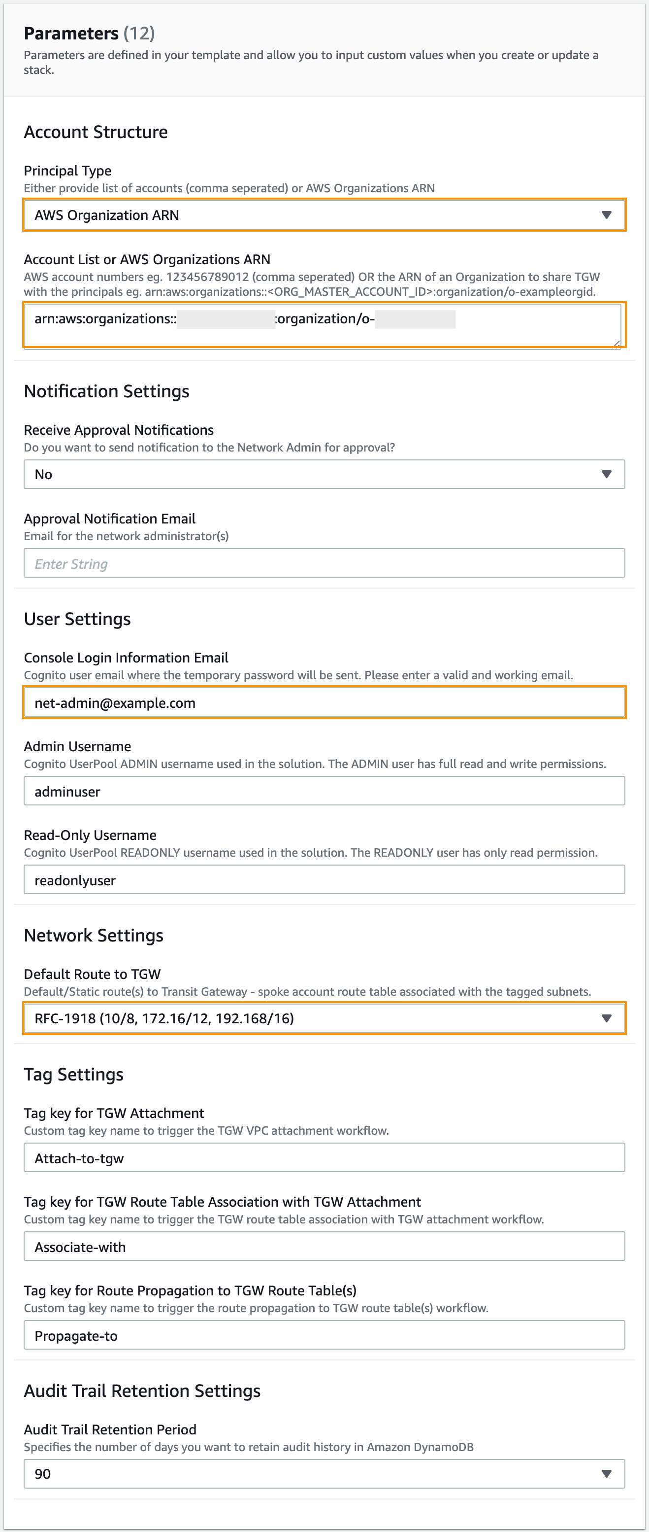 Parameters for the Hub CloudFormation StackSet