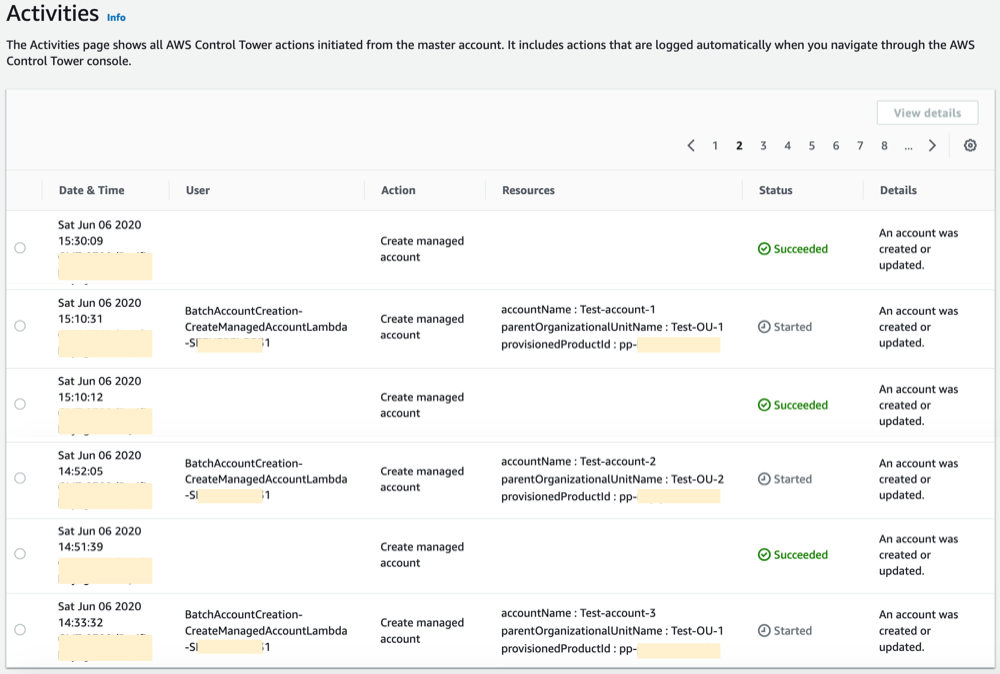 Activities page on AWS Control Tower dashboard