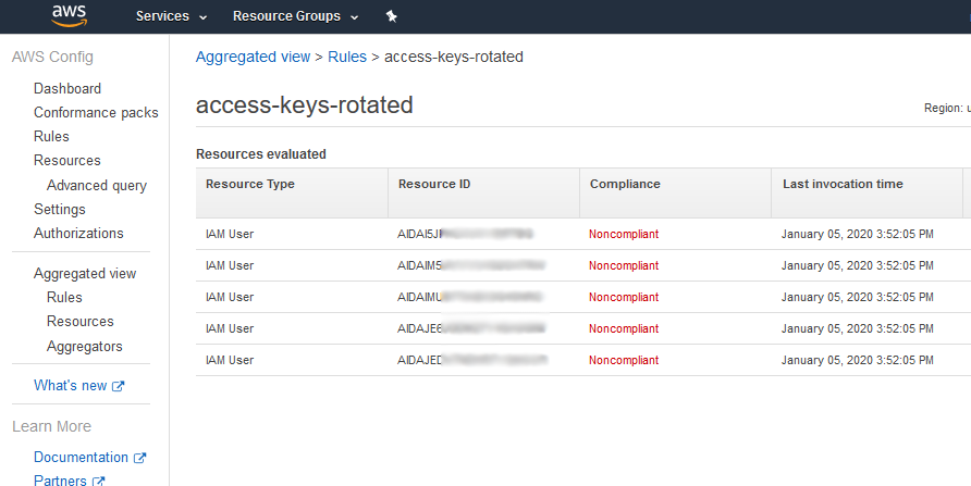 AWS Config console view of non-compliant access keys