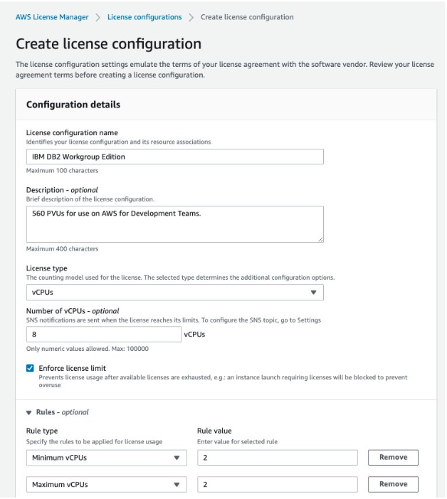 Image showing input of license configuration details when creating a new license configuration.