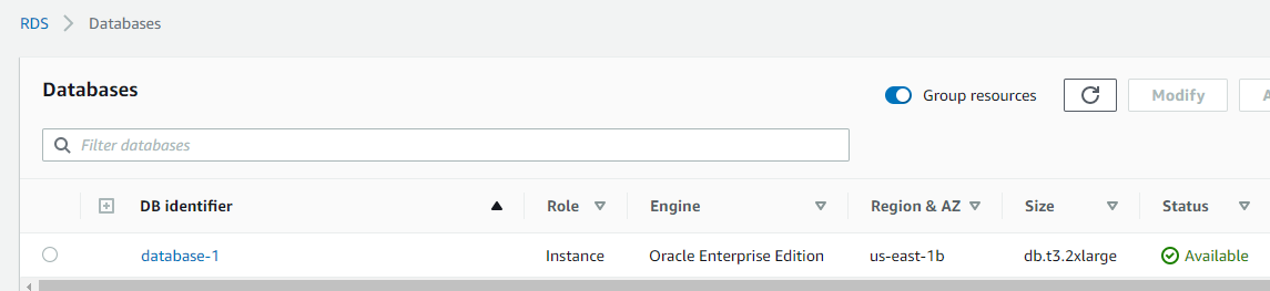 Amazon RDS for Oracle instance created on t3.x2xlarge