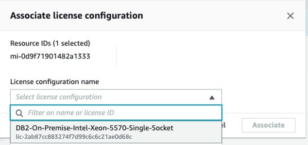 Image showing associate license configuration dialog with AWS Systems Manager managed instance