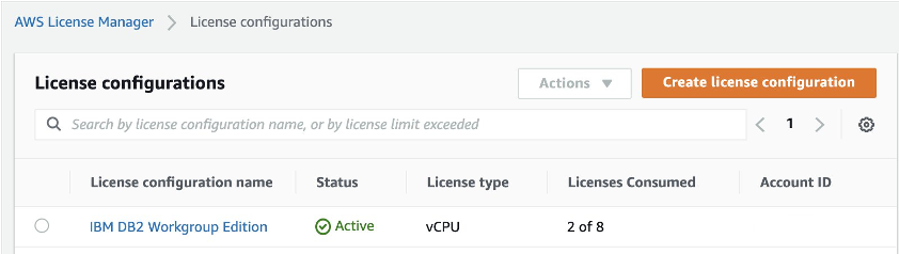 Image showing the current AWS License Manager license configurations.