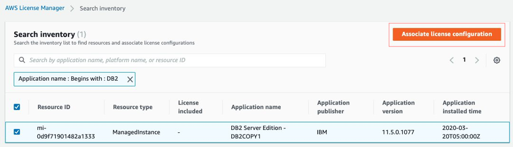 Image showing AWS License Manager search inventory results for DB2