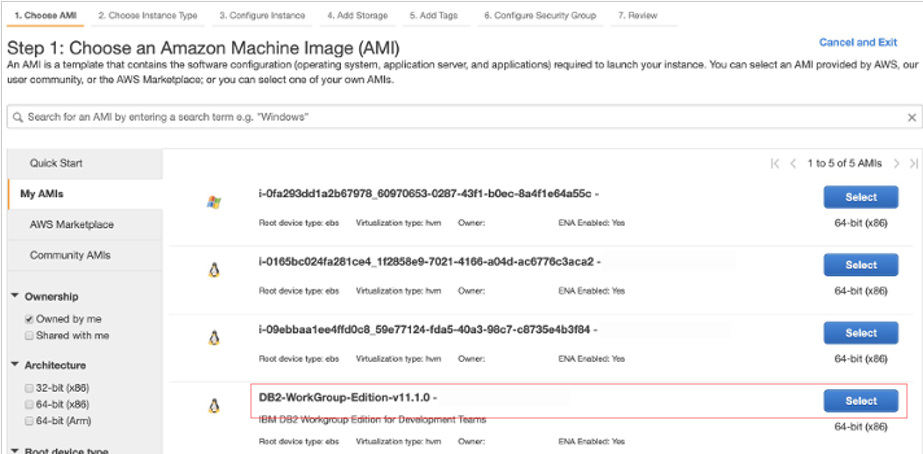 Image showing step 1 of AWS EC2 launch instance process where you select an AMI.