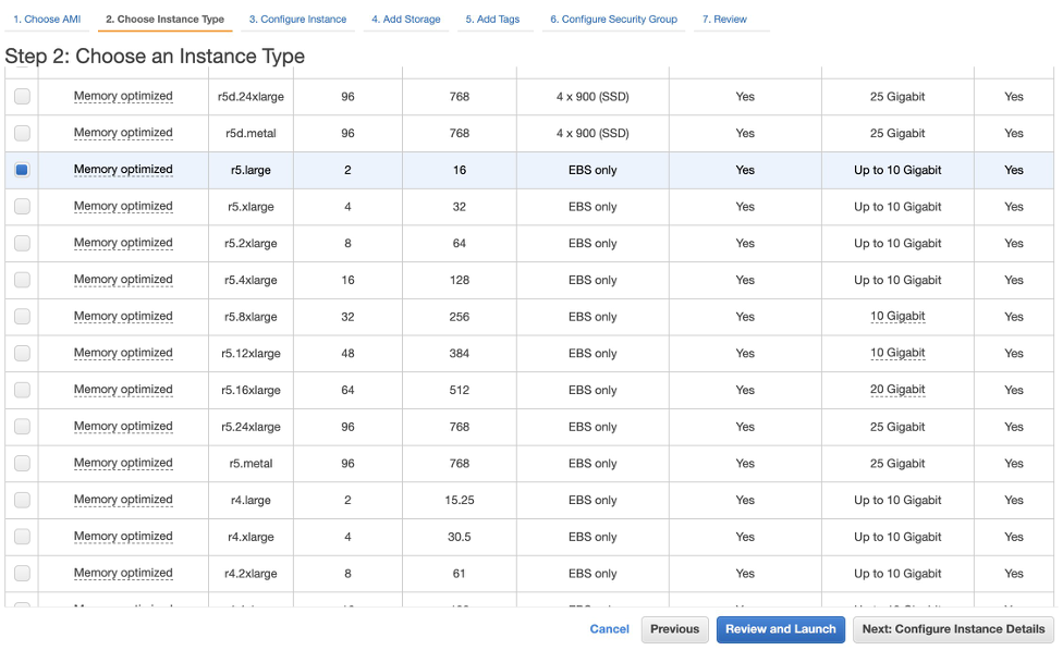 Image showing instance types that can be selected when launching an EC2 instance.