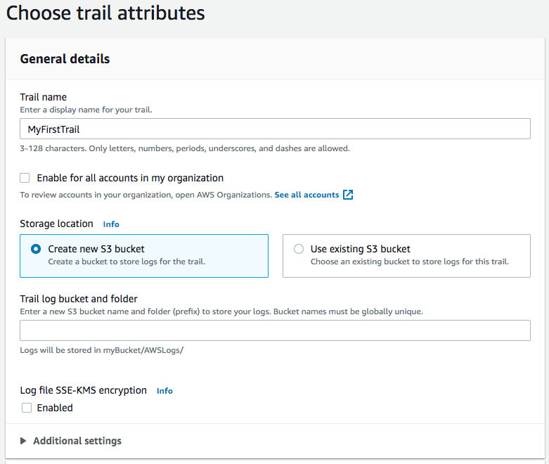 Creating a CloudTrail - General details section sample screenshot