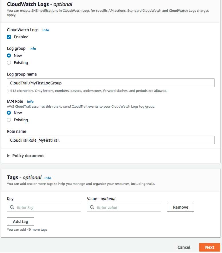 Creating a CloudTrail - additional details section sample screenshot of what users enter