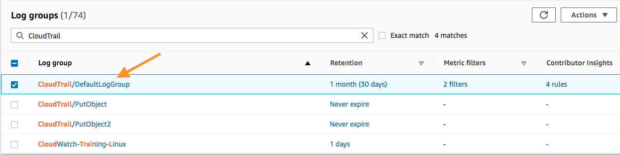 Selecting a Log Group used in this blog and to show the CloudWatch Log Group console