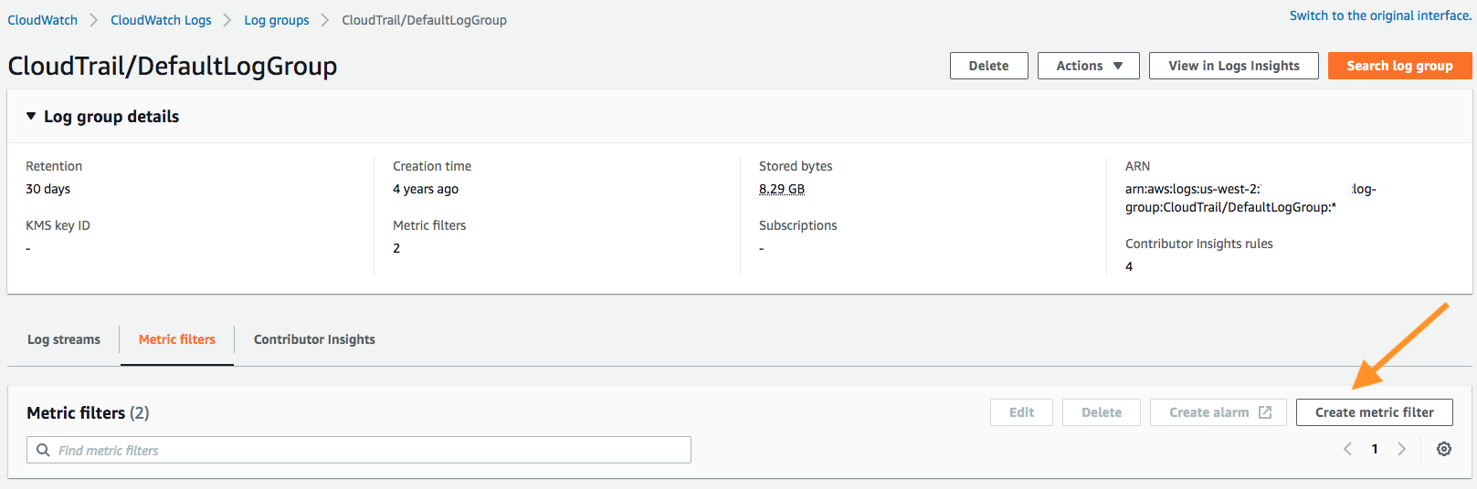 It shows how to create a metric filter, and will open a new pop-up windows