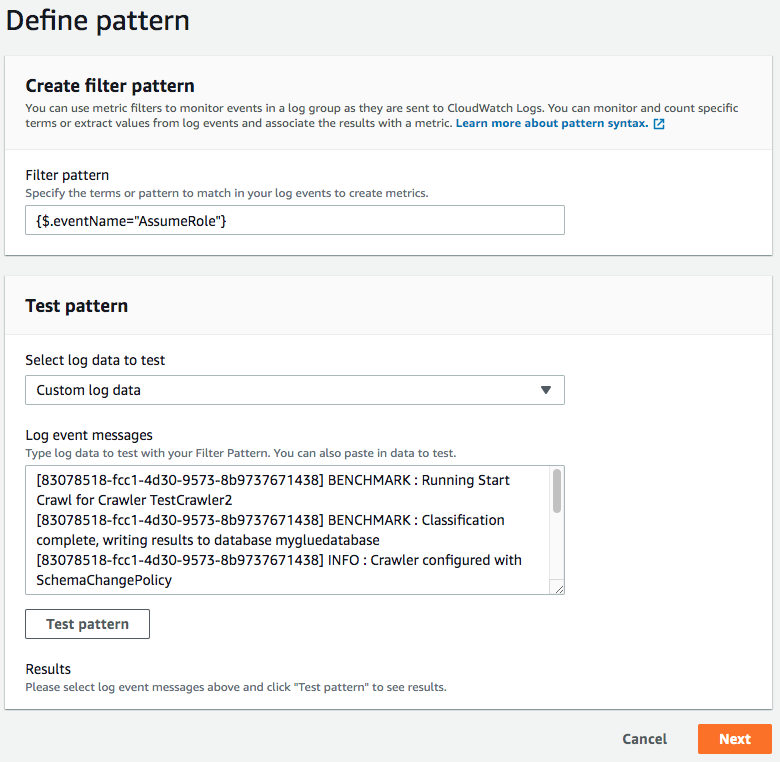 Sample of creating a metric filter and what user needs to enter