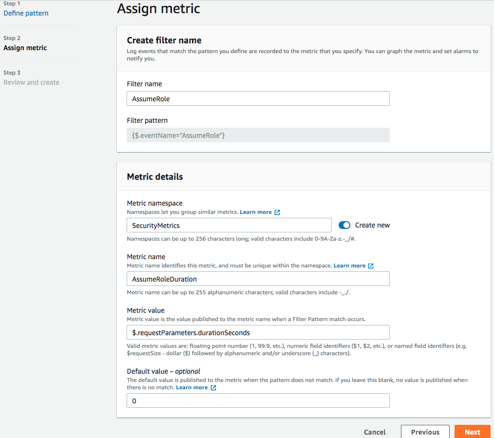 Additional Details - Sample of creating a metric filter and what user needs to enter