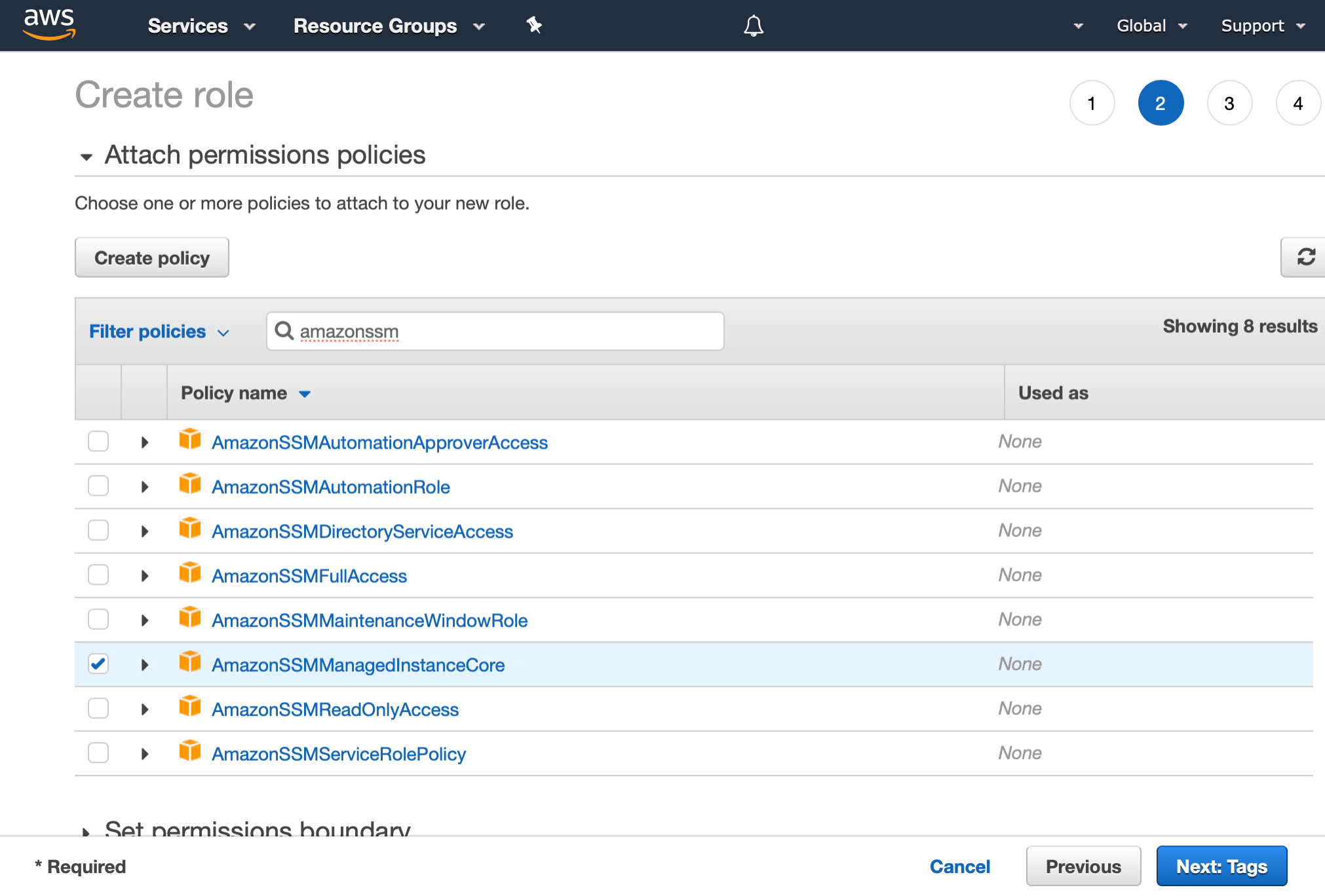 AWS Management Console shows the Attach permissions policies step of the IAM Create role wizard. We have selected AmazonSSMManagedInstanceCore policy with a checkmark.