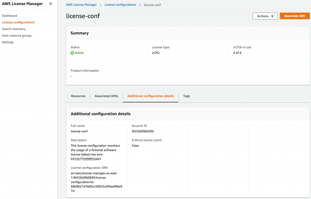 AWS License Manager License configuration console