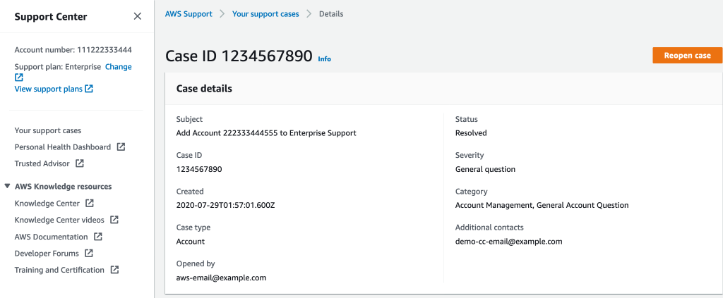 Enterprise Support case for the new account