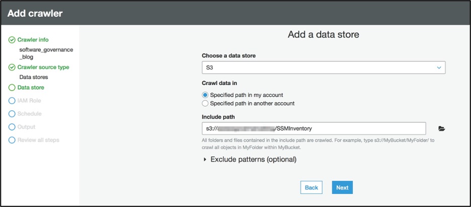 Input S3 in the 'Choose a data store' field; select 'Specified path in my account' for 'Crawler data in'; and input the bucket path including the prefix in the 'Include path' field