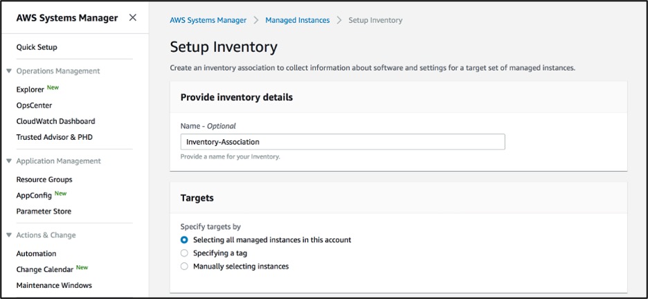 Input a name for your inventory association and specify the targets