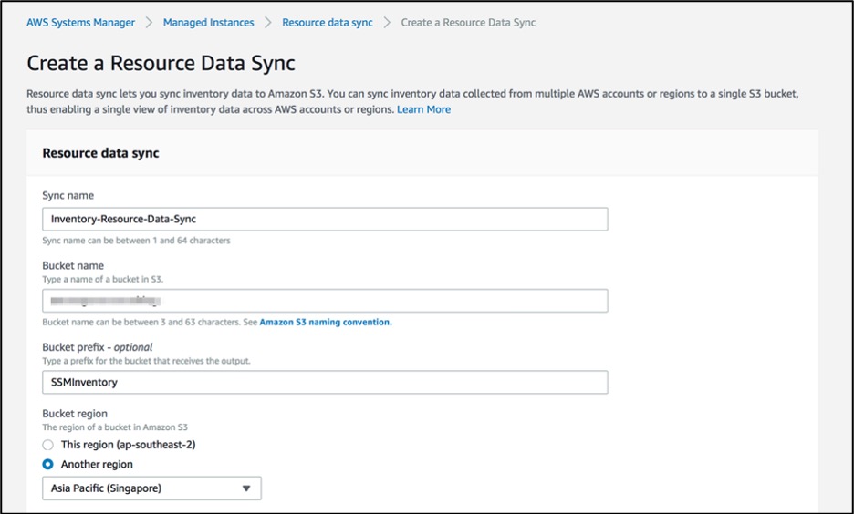 Input the name for the data sync in 'Sync name' field; Amazon S3 bucket created in step 1 in the 'Bucket name' field; bucket prefix in the 'Bucket prefix ' field; and select the region where the bucket has been created