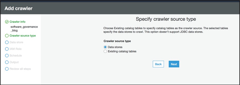 Select the 'Data stores' option under the 'Crawler source type'