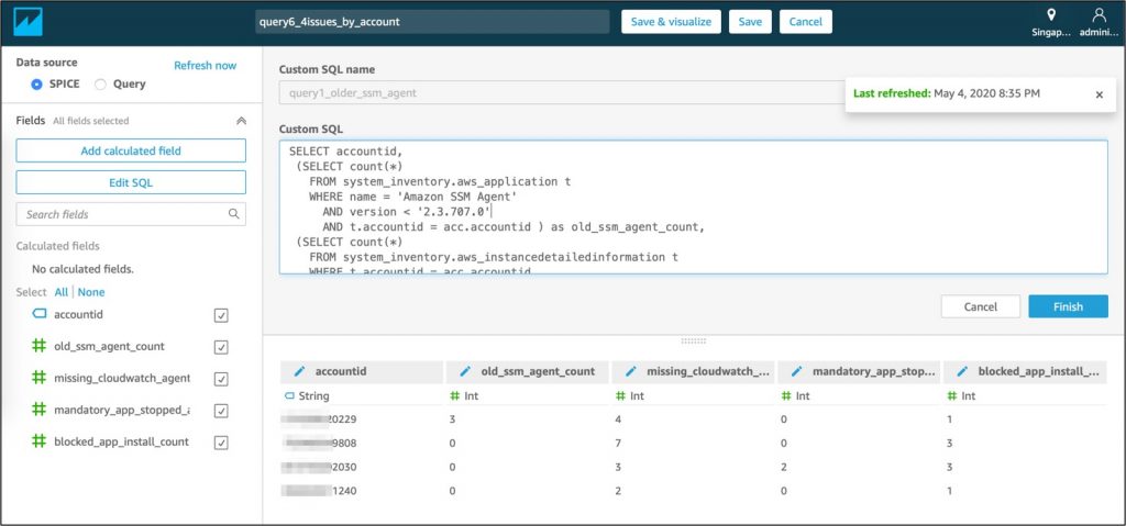 Input SQL queries from step 6 in Amazon QuickSight 'Custom SQL' field