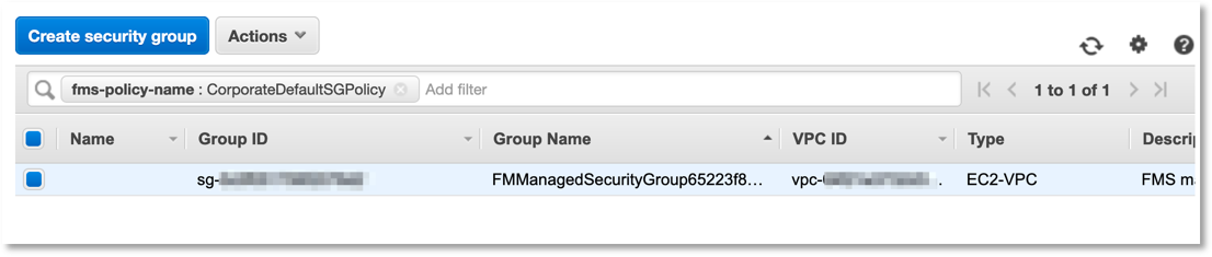 Amazon VPC console displays the security group, FMManagedSecurityGroup65223f8, created by the Firewall Manager.