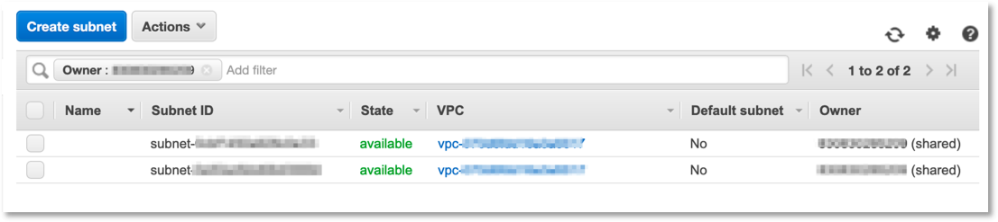 VPC console that shows the new AWS account uses the shared VPC and subnets created in the Prerequisites Section