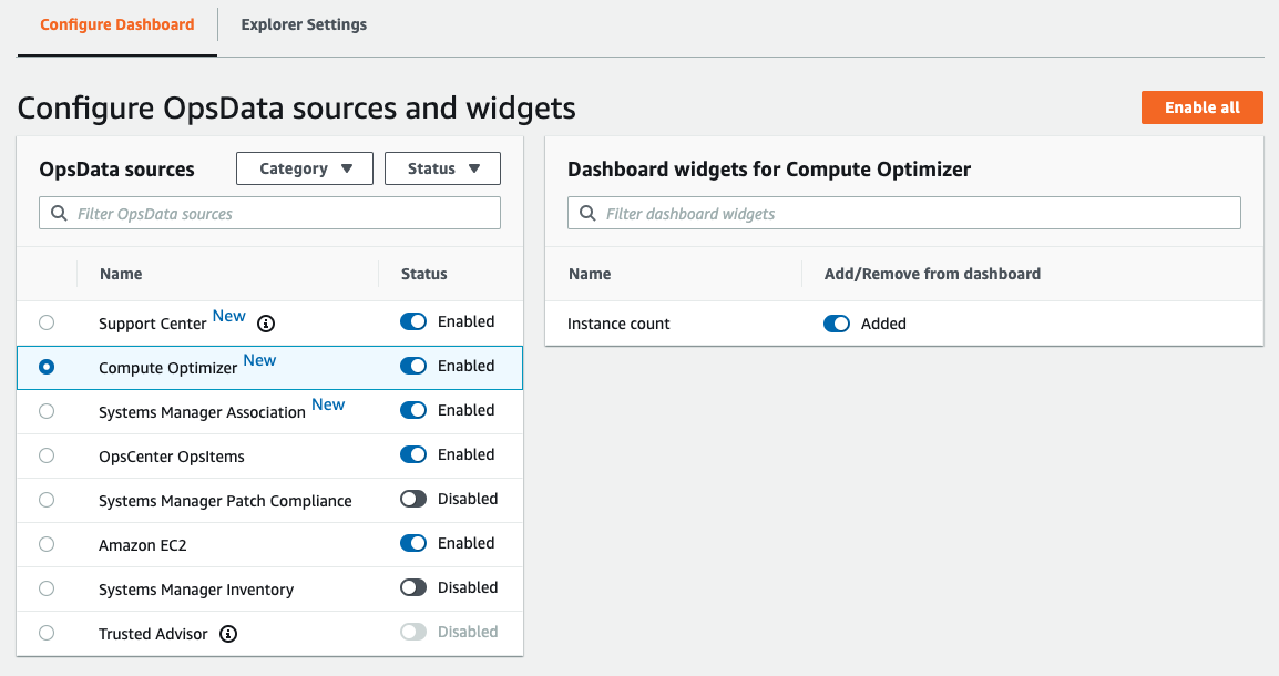 Eight OpsData sources are shown in left-hand pane. Compute Optimizer source is selected and the right-hand pane shows the associated widget: Instance count. You can enable or disable data sources and add or remove widgets.