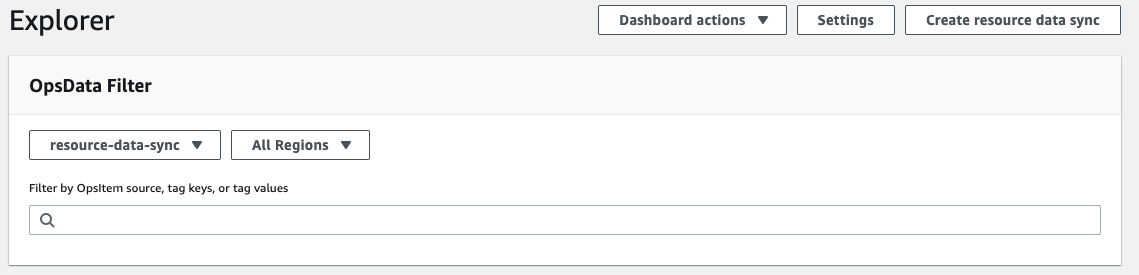 OpsData Filter has resource-data-sync selected and All AWS Regions