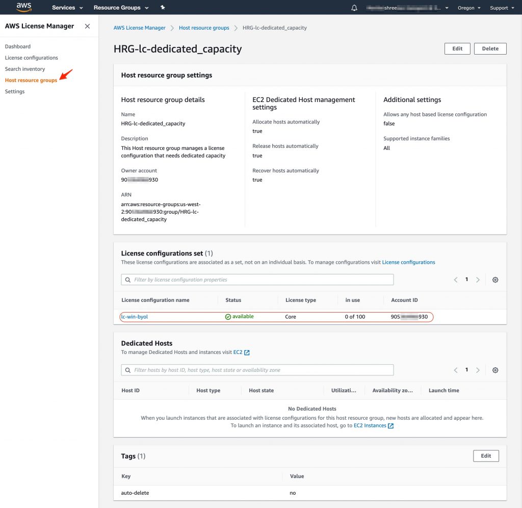 Picture showing host resource group in the AWS License Manager console