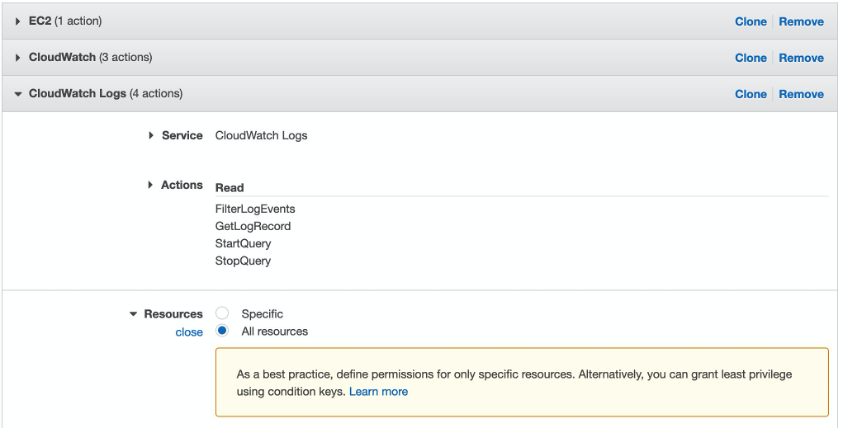 Details of the IAM permissions policy attached to the role used to share dashboards. The policy allows reach permissions for the FilterLogEvents, GetLogRecord, StartQuery, and StopQuery API actions of Amazon CloudWatch Logs